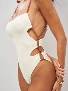 SHEIN Swim New Summer Jacquard Fabric Spaghetti Strap One-Piece Contrast Color Vacation Swimsuit - White - View 7