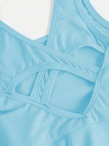 年轻女孩蓝色细肩带连衣裙搭配紧身裤，露背交叉设计连体衣 - 藍色 - 查看 5