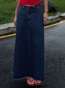 DAZY Women's Long Straight Denim Skirt With Pockets And Raw Hem, Casual Jeans Skirt - Medium Wash - View 4