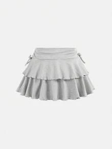 SHEIN Girlism 青少年女孩休闲纯色抽绳腰部卷边针织迷你裙