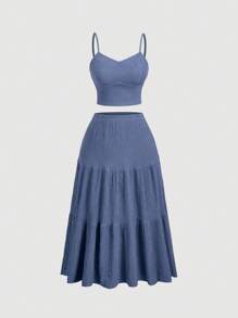 SHEIN MOD Bộ 2 món áo ba lỗ dệt kim họa tiết cỡ lớn dành cho nữ và chân váy dài midi, màu xanh nhạt - Màu xanh bụi bặm - Xem 1