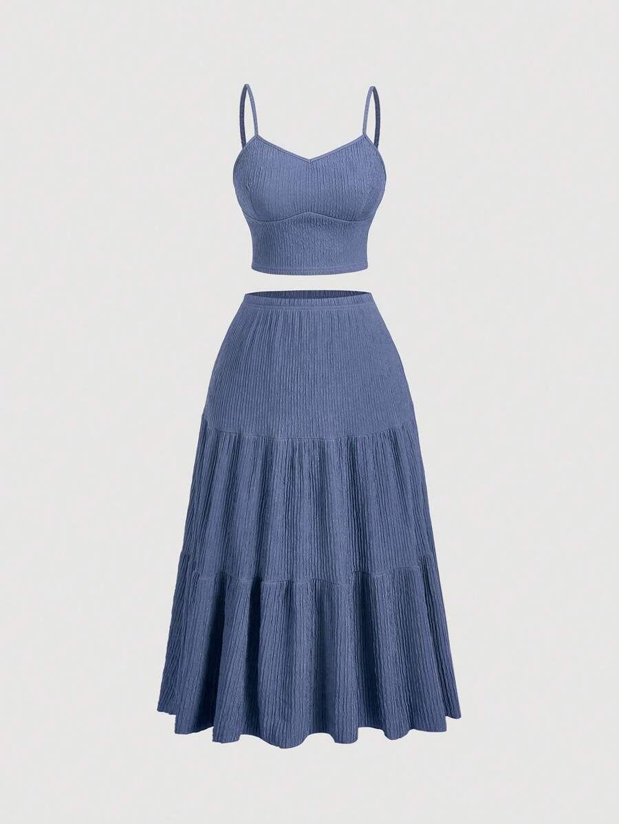 SHEIN MOD Bộ 2 món áo ba lỗ dệt kim họa tiết cỡ lớn dành cho nữ và chân váy dài midi, màu xanh nhạt - Màu xanh bụi bặm - Xem 1