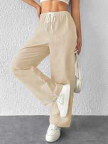 SHEIN PETITE Striped Women's Linen Low Rise Pants, Summer Vacation - Yellow - View 4