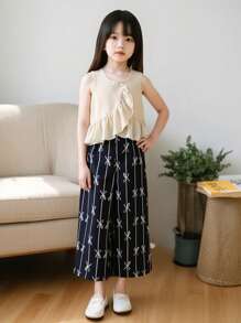 Tween Girls Casual Minimalist Round Neck Sleeveless Cropped Top And Striped High Waist Bowknot Wide Leg Pants Set - Khaki - View 1