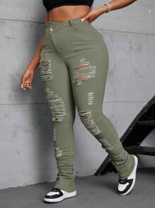 SHEIN SXY Quần Jeans Co Giãn Màu Hồng Co Giãn Không Đối Xứng Cỡ Lớn Cho Nữ - màu xanh lá - Xem 7