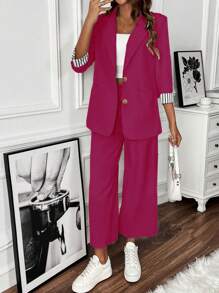 SHEIN Clasi 女士优雅办公室套装（含拼接袖口裤套装） - 玫紅色 - 查看 1