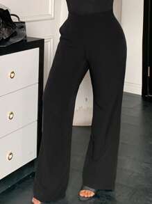 Dazy Plus Plus Size Solid Color Loose Straight Leg Casual Black Pants, All Season Long Style Business Casual Woman Pants,Women Dress Pants