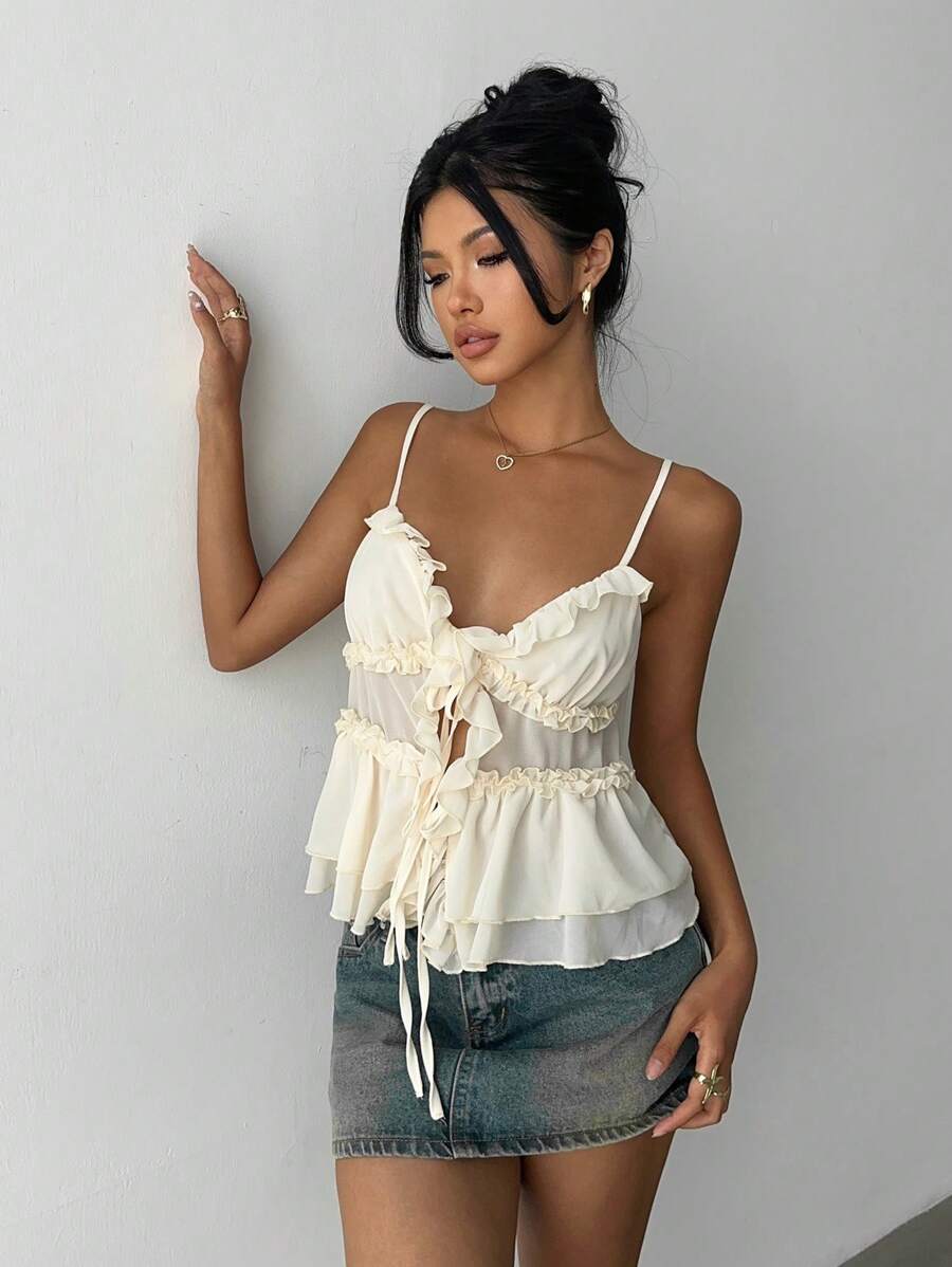 Aloruh 女士夏季纯色荷叶边吊带背心 - 杏色 - 查看 1