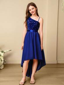 SHEIN Đầm lệch vai đính sequin, vạt bất đối xứng cho bé gái tuổi teen, thích hợp cho biểu diễn, tiệc cưới, làm phù dâu, sinh nhật, Giáng sinh, Lễ Tạ ơn. - Màu xanh lam - Xem 4