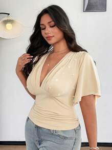 SHEIN Unity Blusa para mujer talla grande elegante y sexy con cuello en V ajustada y decorada con perlas - Albaricoque - Ver 5