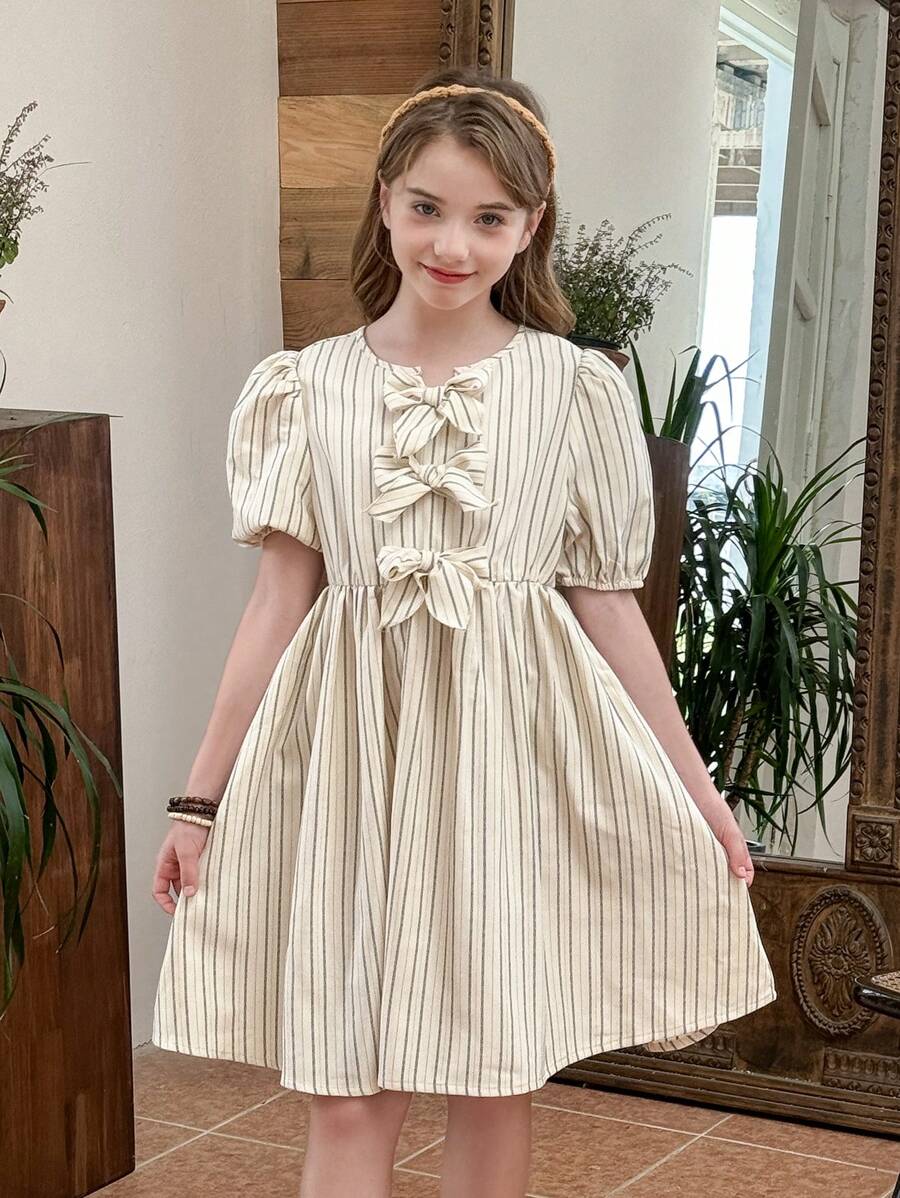 LMoss Kids LMoss Tween Girls Woven Striped Round Neck Puff Sleeve Fitted Casual Dress - Multicolor - View 1