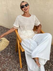 DAZY 女士纹理面料短袖宽松休闲都市风系带T恤 - 杏色 - 查看 5