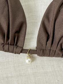 Swim Chiccia 女式夏季海滩纯色闪亮面料露背领口抽绳珍珠吊带休闲泳装比基尼上衣