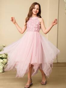 SHEIN 女童 3D 花卉公主薄纱连衣裙，儿童婚礼花童派对礼服舞会钢琴表演服装 - 粉色 - 查看 6