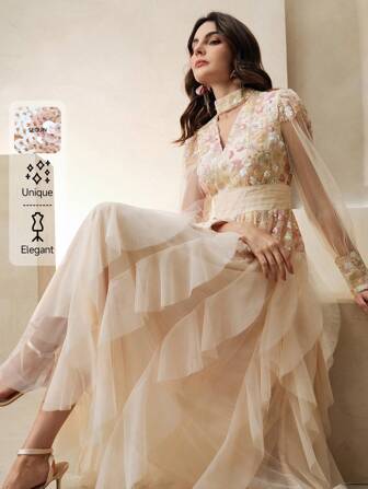 Anewsta Women Elegant Colorful Embroidery Dress, Long Sleeve Patchwork Pleat Net Hem Party Wedding Guest Dress