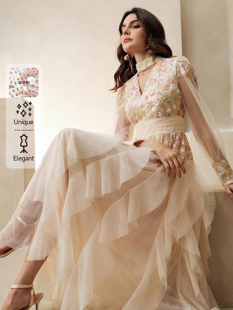 Robe élégante de femme avec broderie colorée, manches longues, robe de fête pour invités de mariage avec patch, plissé et ourlet en tulle