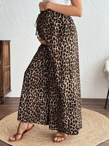 SHEIN Maternity Leopard Print Loose Casual Summer Pants Maternity Pants Adjustable Elastic Waist Ruffle Trim Leopard Print  Cheetah Print   Vacation Outfits - Black - View 5
