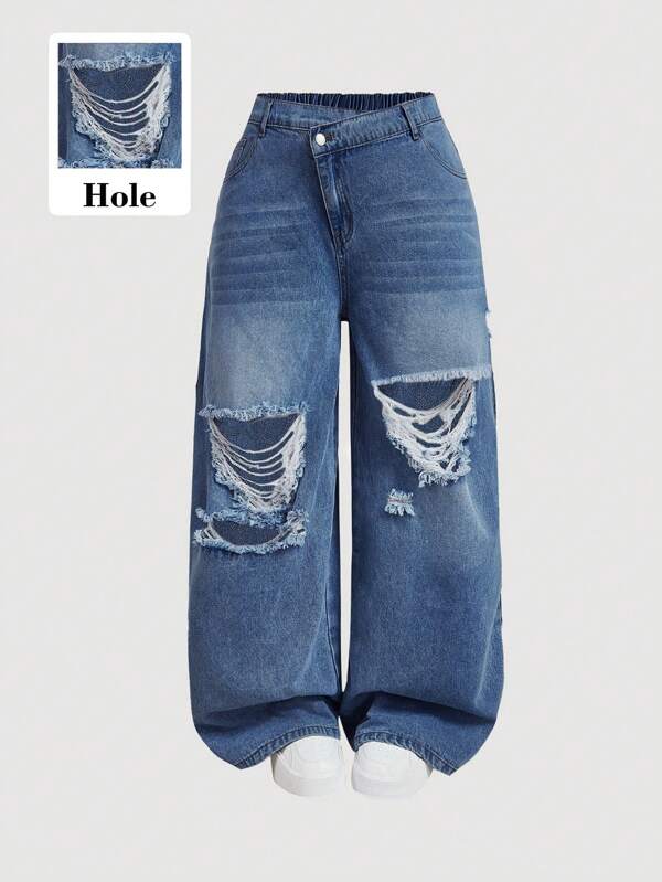 SHEIN MOD Women's Large Blue Jeans Suitable For Summer, Ripped Wide-Leg Pants, Comfortable Elastic Waist, Casual Wear