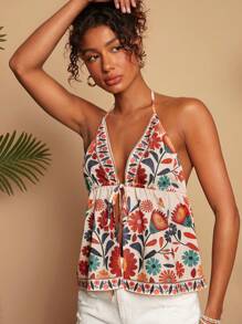 Travachic 女士复古印花系带吊带背心，可爱夏季上衣，适合夏季、波西米亚风、伊比沙岛风、西部风等多种风格。 - 彩色 - 查看 5