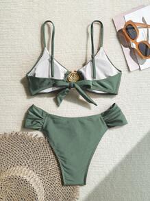 Swim Basics Spring Break Women's Beach Vacation Sexy Metal Decor All-Vegan High-Cut Pleated Thin Strap Bikini Set, Ladies Summer Swimsuit