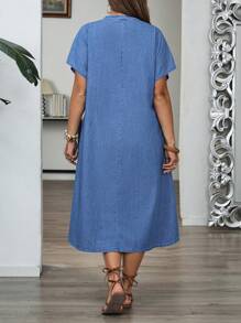 EMERY ROSE Plus Size V Neck Short Sleeve Casual Denim Dress  Blue Jean Dress Women Linen Dresses For Women Summer Women Denim Dresses Denim Dress Curve Summer Dresses For Women Summer Dress Dresses For Women Summer Vacation Outfits Woman Beach Outfits For Woman Country Concert Outfit Boho - Medium Wash - View 2