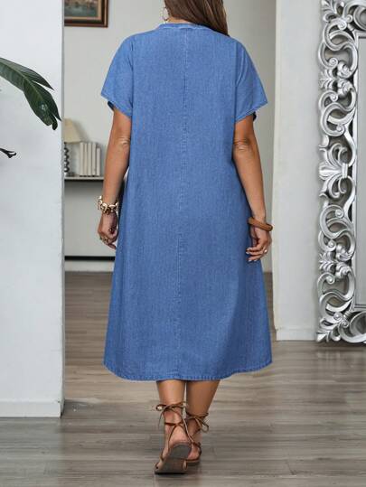 EMERY ROSE Mature Denim Plus Size V Neck Short Sleeve Casual Denim Dress  Blue Jean Dress Women Linen Dresses For Women Summer Women Denim Dresses Denim Dress Curve Summer Dresses For Women Summer Dress Dresses For Women Summer Vacation Outfits Woman Beach Outfits For Woman Country Concert Outfit Boho