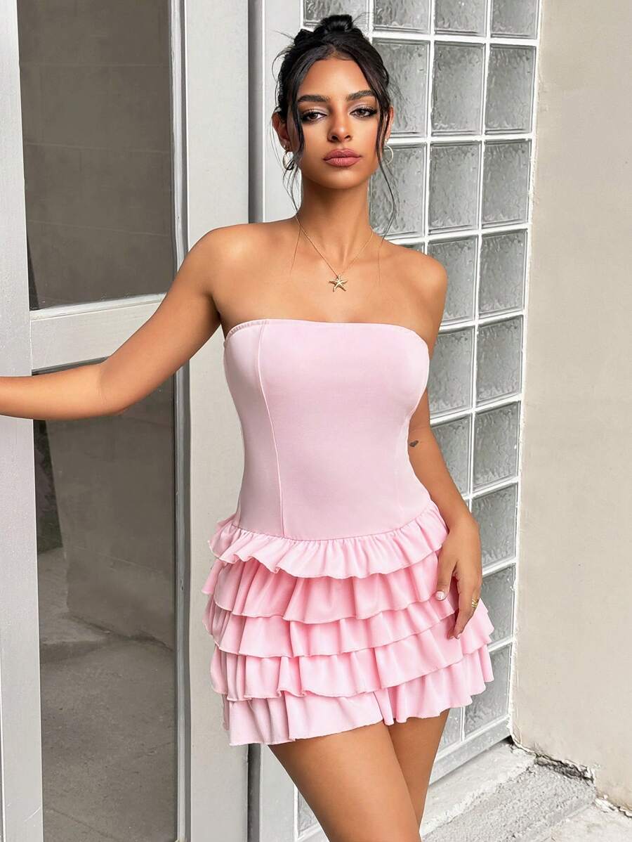 Jeanoix Plain Color Layered Strapless Ruffle Detail Sleeveless Dress, Summer - Pink - View 1