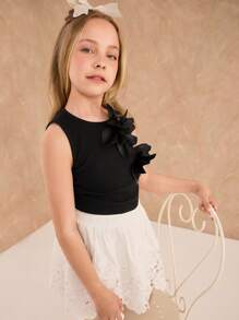 Ontre 青少年女孩休闲花卉装饰吊带背心 - 黑色 - 查看 5