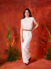 SHEIN MOD MONO DE CUELLO ALTO SÓLIDO CON BOLSILLO Y CINTURÓN - Albaricoque - Ver 5