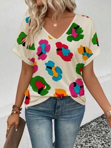 SHEIN VCAY Women's Casual V-Neck Short Sleeve Flower Printed T-Shirt With Cuff Detail - Multicolor - View 5