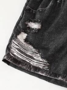 SHEIN Explorewe Tween Girl 2pcs Knitted One Shoulder Top And Distressed Denim Shorts, Casual And Versatile - Black - View 6