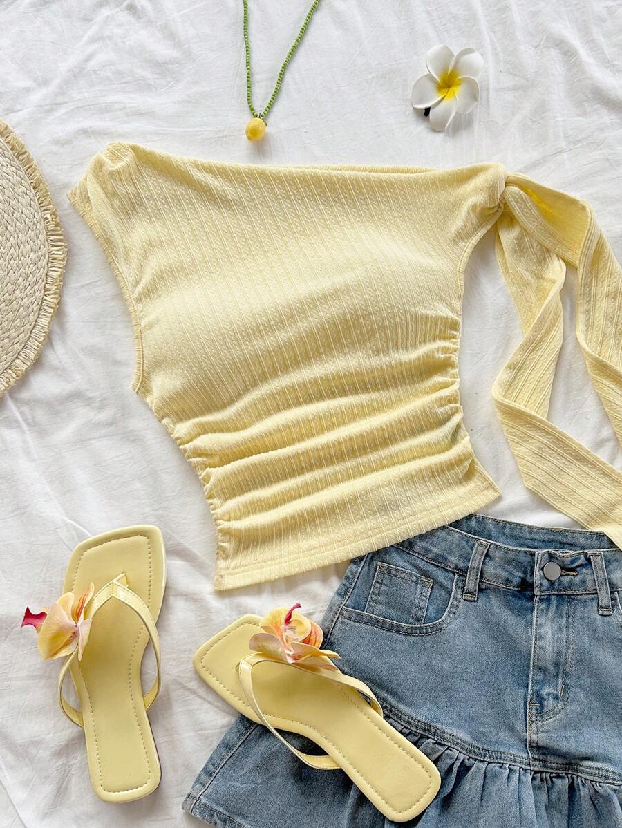 SHEIN 少女针织蝴蝶结装饰不对称肩部上衣 少女服装 少女服装 黄色上衣 少女黄色上衣 - 黃色 - 查看 1