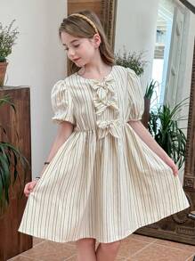 LMoss Kids LMoss Tween Girls Woven Striped Round Neck Puff Sleeve Fitted Casual Dress - Multicolor - View 3