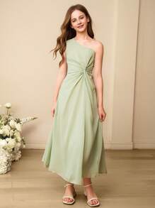 SHEIN 女童细肩带不对称领结结构优雅婚礼派对花童礼服 - 綠色 - 查看 6