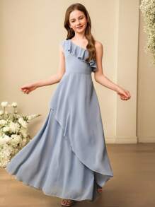 SHEIN Tween Girls Bridesmaid Shoulder Ruffle Asymmetrical Hem Maxi Dress, For Wedding, Prom, Birthday Party - Blue - View 1