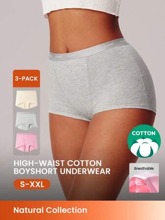 LUVLETTE 3-Pack Women Underwear Plus Comfortable Airy Basic Cotton Logo High-Rise Boyshorts Women Boxers Lingerie As Outerwear Also Suitable For Teen Girl & Young & Kid
