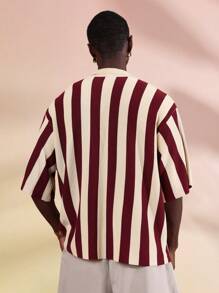 SUMWON Camisa estilosa de manga corta con botones y rayas, de punto con costillas, uso casual de fin de semana y estilo resort, moda para verano y primavera, con cuello - Burdeos - Ver 2