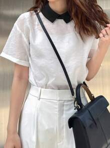 FRIFUL Women's Peter Pan Collar Color Blocking Textural Sheer Shirt, For Graduation - White - View 5