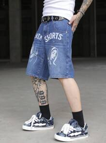 Manfinity EMRG Men's Casual Washed Character & Letter Print Denim Shorts - Blue - View 4