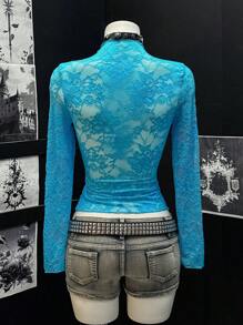 SHEIN Tall 女士蕾丝透视性感俱乐部上衣 - 藍色 - 查看 2