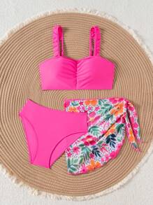 Sparklyn 3件套少女度假沙滩布基尼泳衣套装年轻女孩套装女童沙滩套装夏季泳衣1件套青少年泳衣青少年上衣女童泳衣两件套 - 玫紅色 - 查看 3