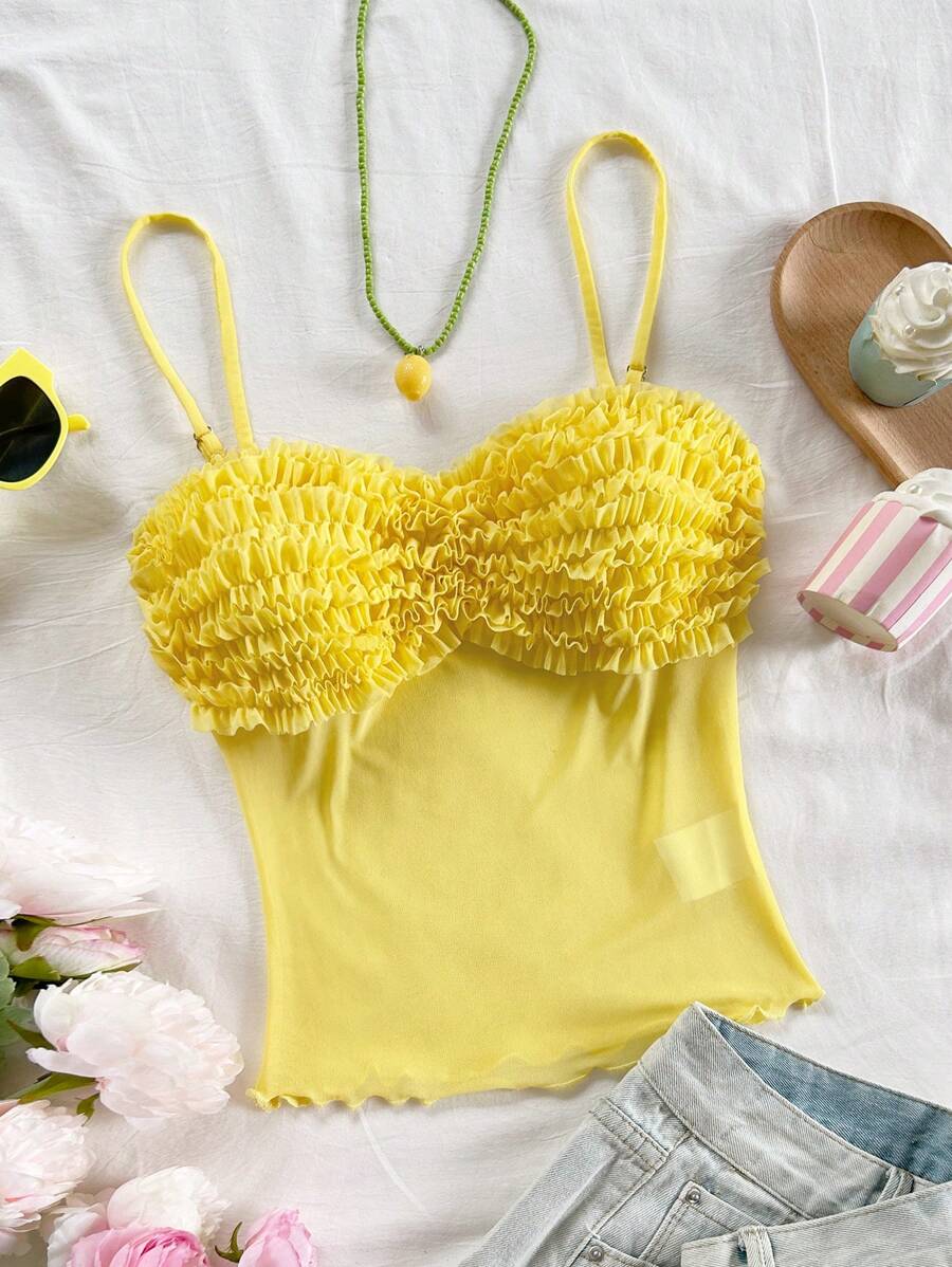 Soleia Women Chiffon Frill Trim Cami Yellow Top, Casual Everyday Versatile For Vacation, Daytime, Dating, Afternoon Tea, Beach, Road Trip, Suitable For All Seasons, Music Festivals, Boho Style - Yellow - View 1