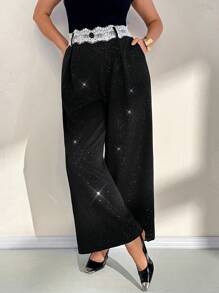 Auralis Damen Große Größen Kontrastspitze Taschen Weite Bein Locker Sitzende Elegante Hose