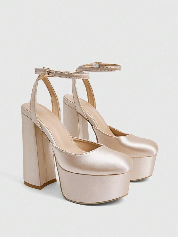 CUCCOO SZL Women's Fashion Nude Color Platform Strap Thick Heel Pumps, Suitable For Commuting, Dates, Gatherings, Holidays & Parties