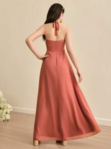 SHEIN 婚礼季伴娘青少年露背收腰褶边不对称下摆高开衩连衣裙，适合舞会、派对、生日