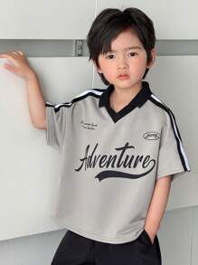 SHEIN Kinder/Jugendliche Jungen Lässig vielseitiger bequemer Polo-Shirt mit Buchstabenprint, Rippstrick, locker sitzend, kurzärmlig, ideal für Schule, Garten, Strand, Geburtstag, Frühling/Sommer, Herbst/Winter