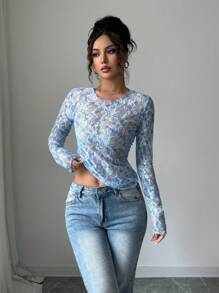 Elenzga Women Elegant Fashion Lace Print Casual Long Sleeve Crew Neck T-Shirt
