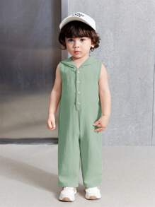 Baby Sleeveless Hooded Jumpsuit Set, Green Summer Solid Color Casual All-Match For Indoor/Outdoor - Green - View 3