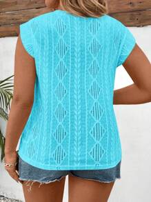 SHEIN EMERY ROSE CURVE Camiseta casual de mujer de talla grande con cuello redondo, manga corta y textura jacquard - Celeste - Ver 2