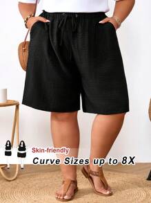 SHEIN CURVE+ Plus Size Women's Black Drawstring Waist Pockets Casual Country Linen Summer Shorts, Spring Vacation Summer/Country/Beach